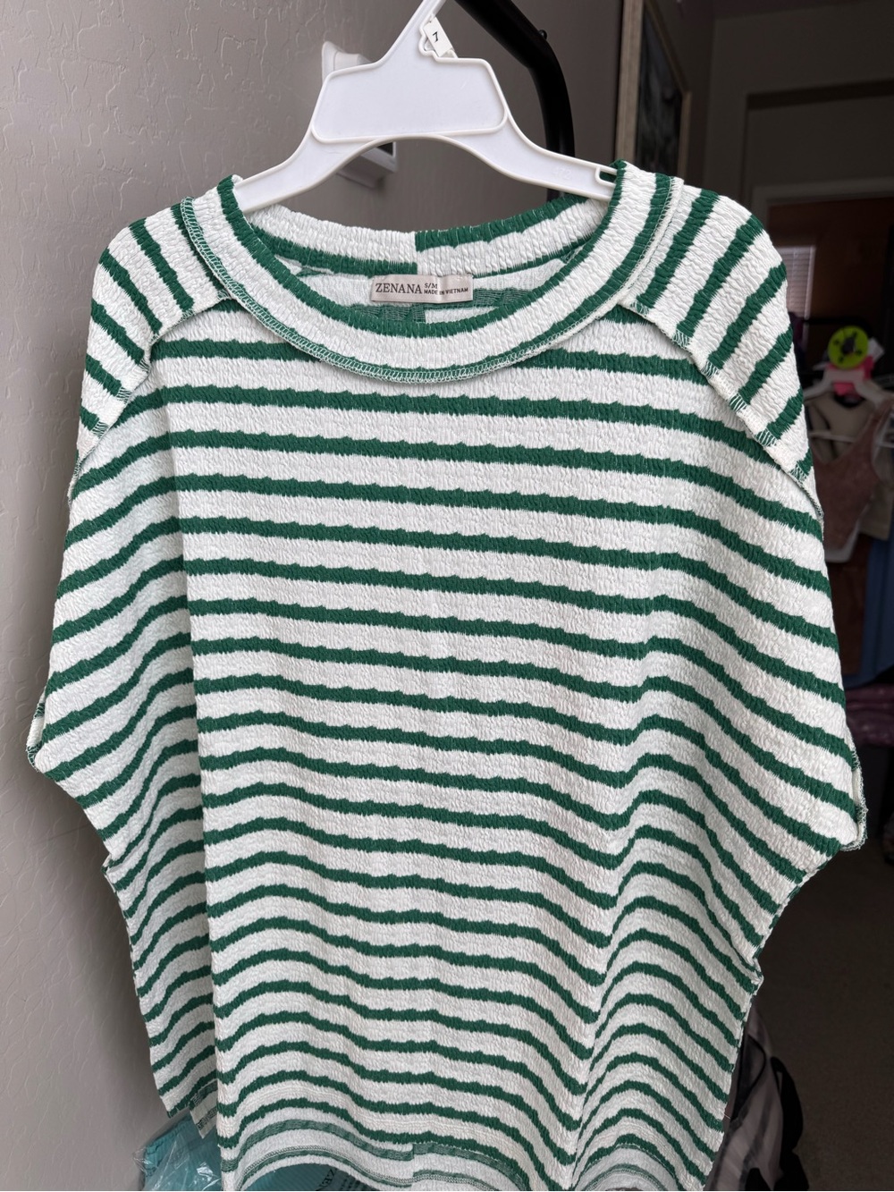Zenana Outfitters White and Green Striped Crewneck Sweater S/M